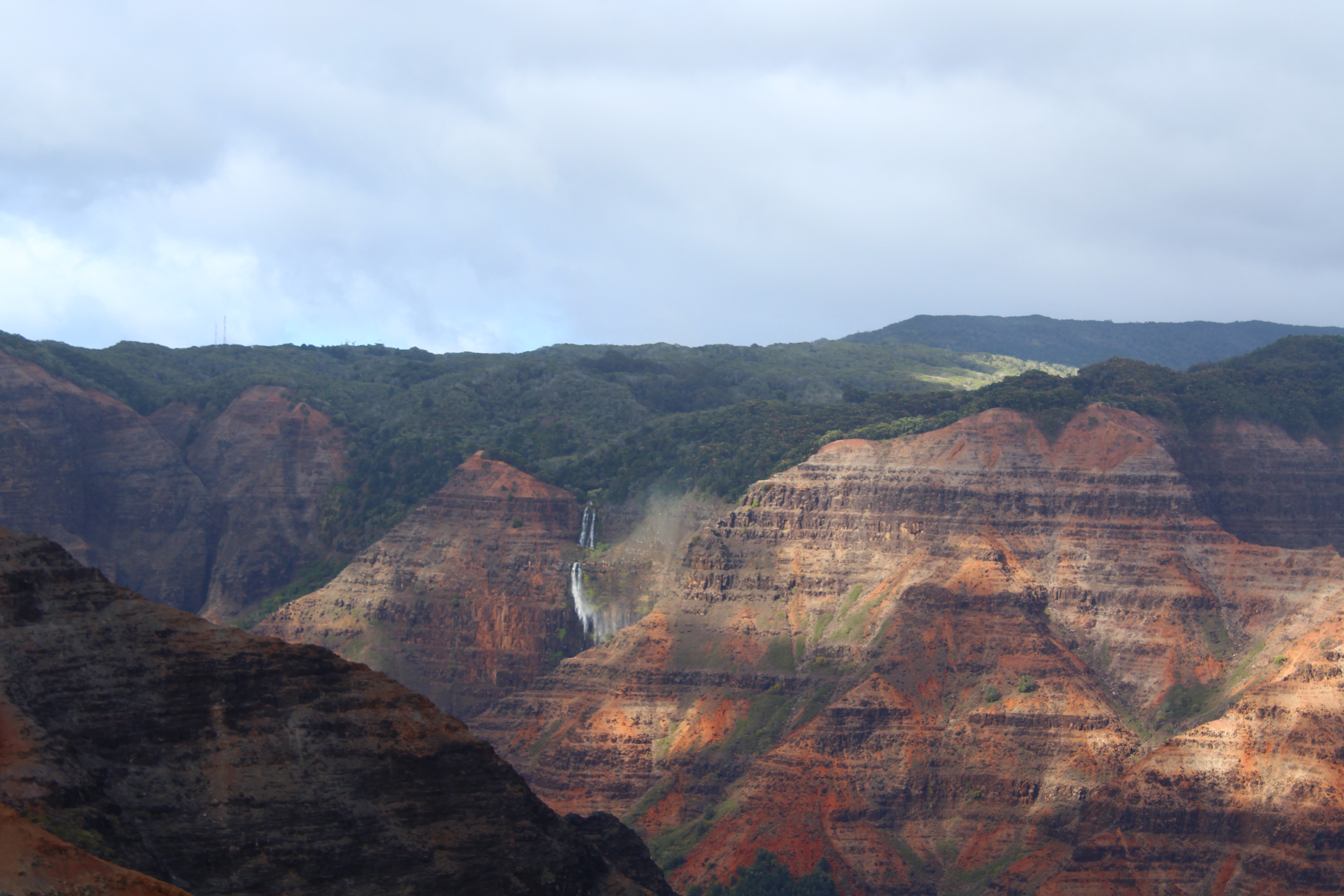 Waimea Canyon’s layered red rock formations under a bright sky.